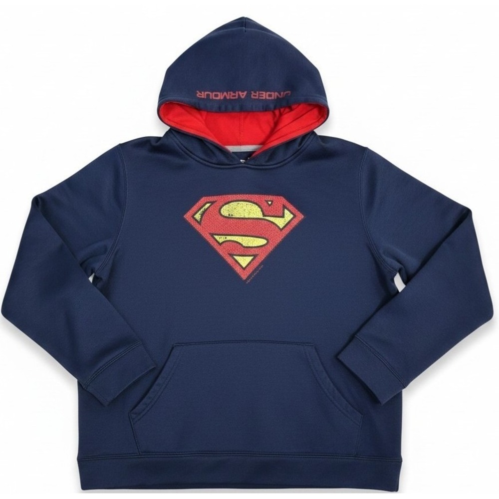 Under Armour Superman Hoodie Boys YXL Navy Loose ColdGear Hooded Sweatshirt